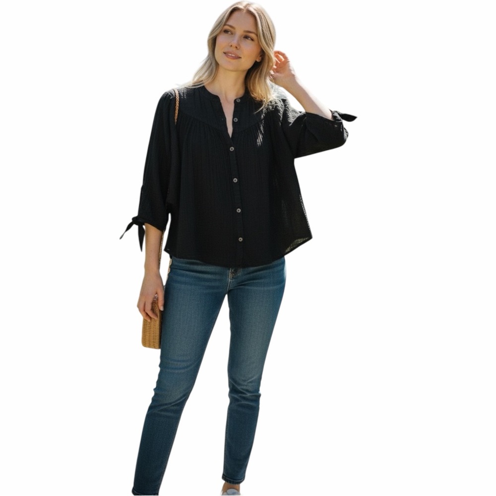 Felicite Apparel Tie Top Cotton Gauze Navy Blue Size 1 XS Relaxed Fit